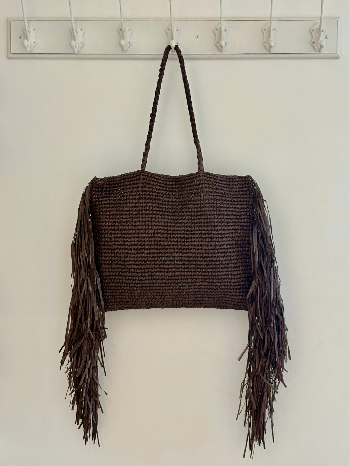 Antibes - Dark brown woven raffia tote bag with tassle detail