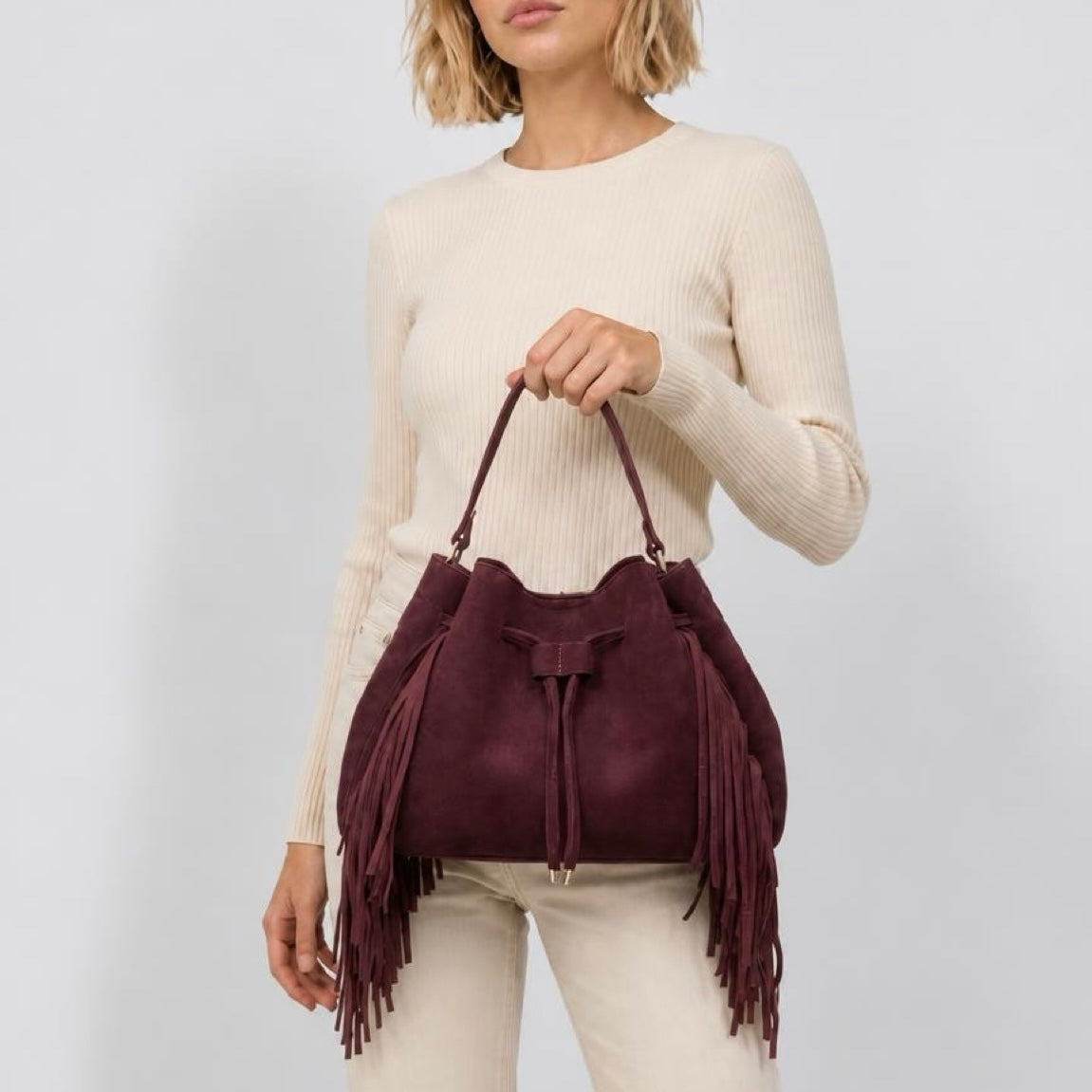 Roma - Fringed drawstring bag - Bordeaux