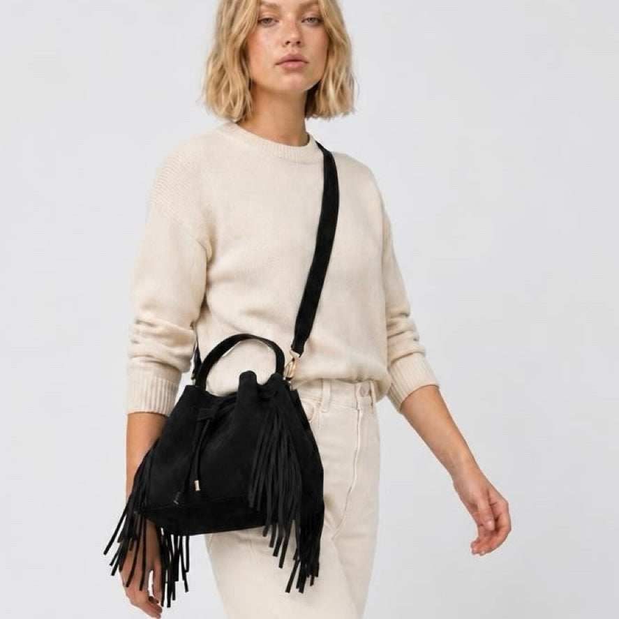 Roma - Fringed drawstring bag - Black