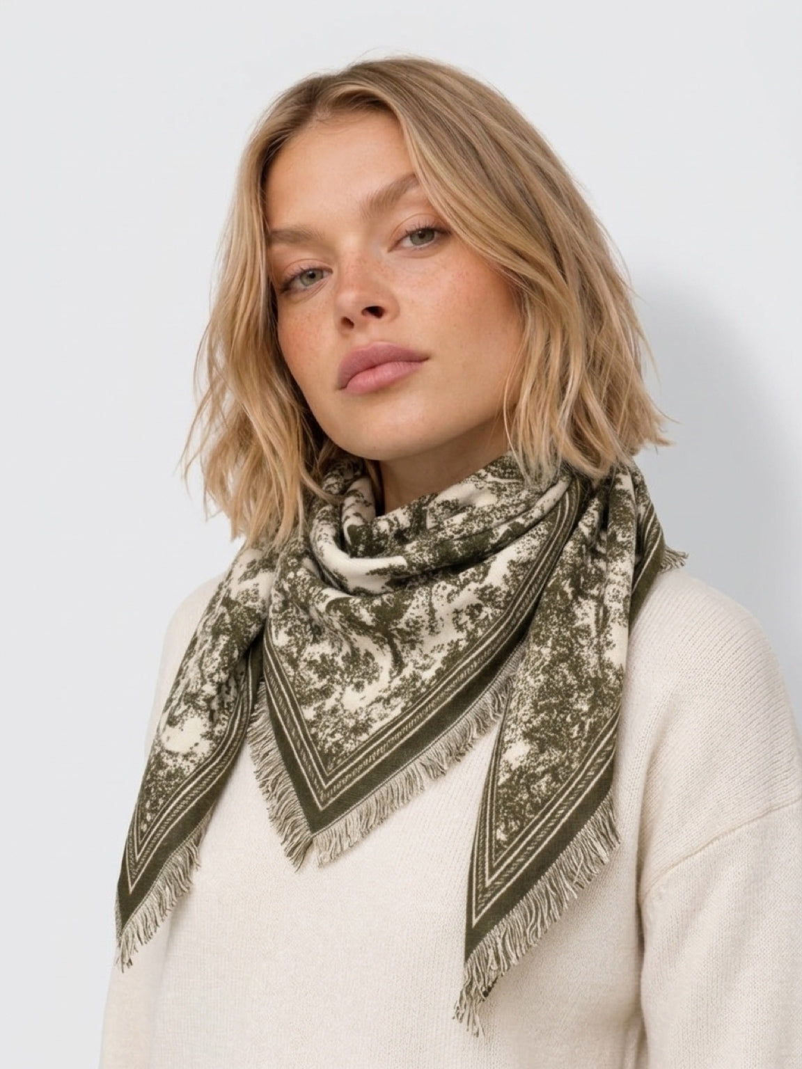 Versailles - Triangular Toile de Jouy Scarf - Khaki