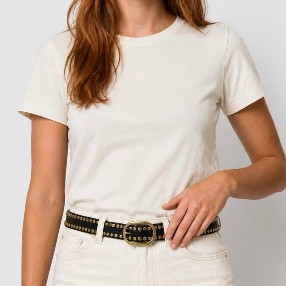 Arno - Gold studded black leather belt - Medium