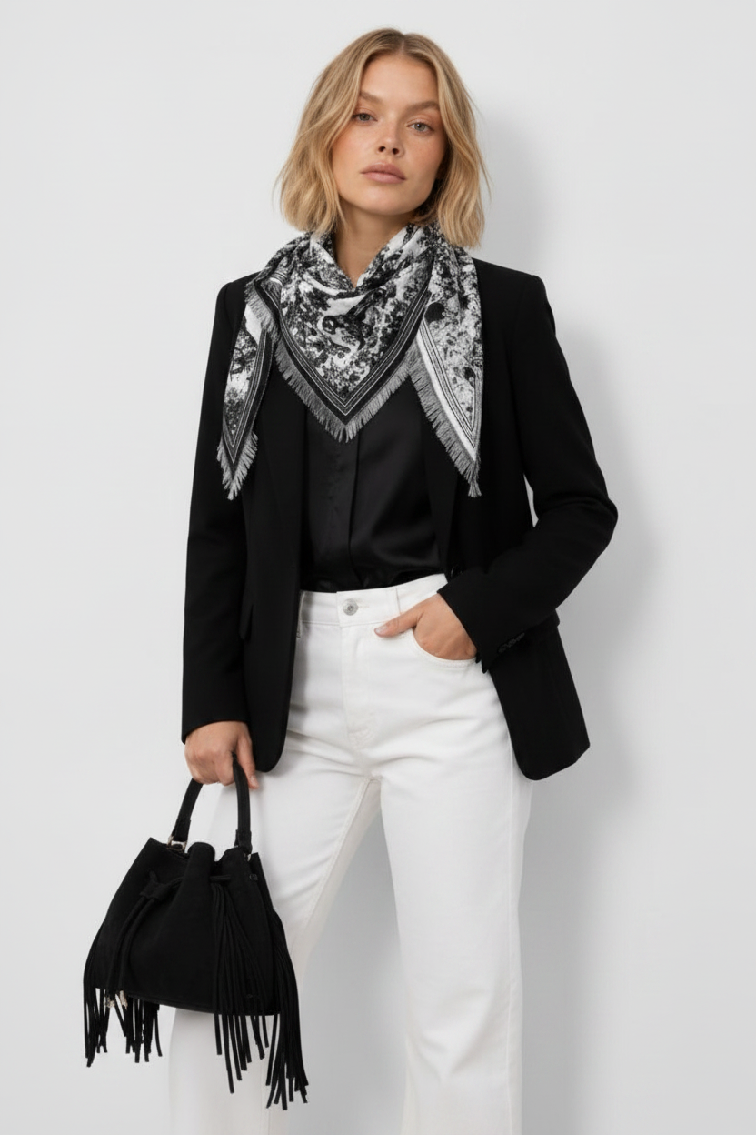 Versailles - Triangular Toile de Jouy Scarf - Black