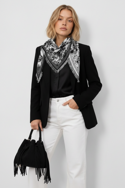 Versailles - Triangular Toile de Jouy Scarf - Black